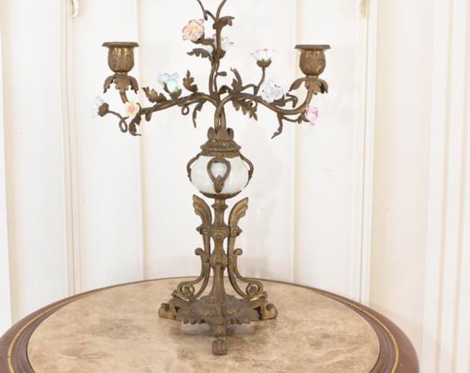 Antique French Porcelain Candlestick With Bronze Mounts – 1920s Art Nouveau Candle Holder – Unique Antique Decor