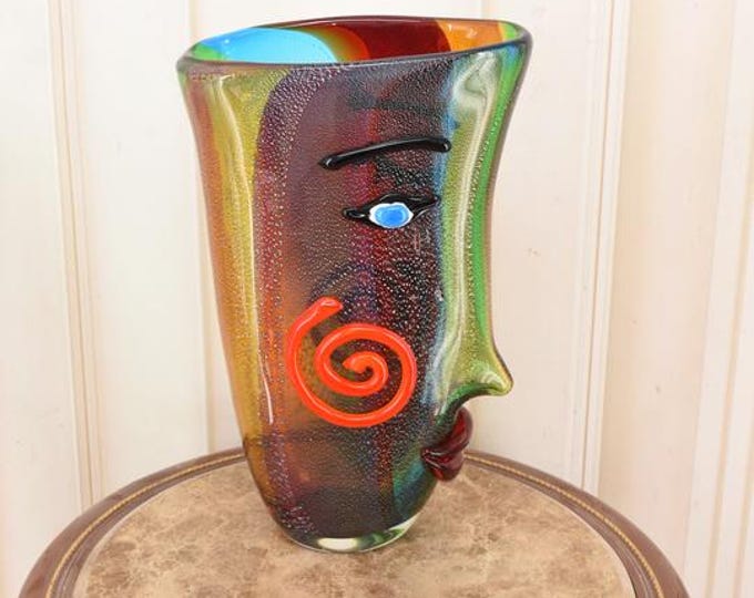 Vintage Murano Style Face Vase: Italian Venetian Glass Flower Pot