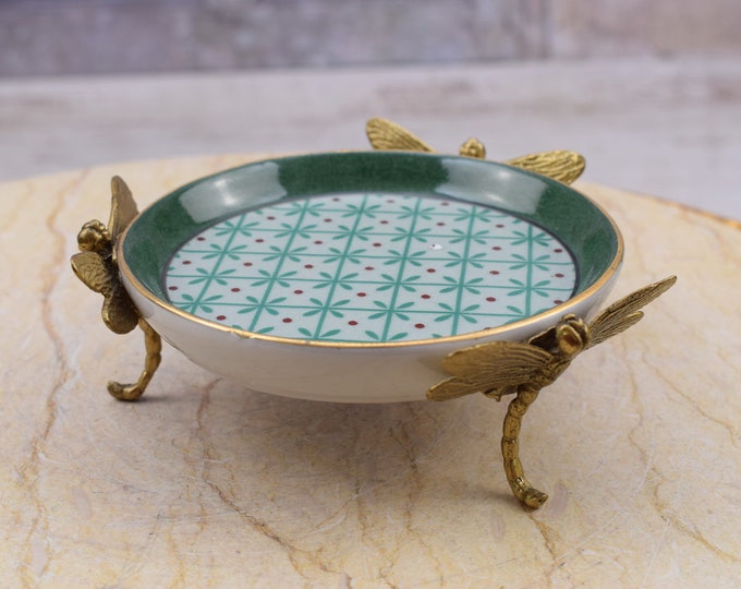 Amazing Porcelain Plateau - Three Bronze Dragonflies - Handmade Porcelain with Flowers Design - Vintage Bowl - Kitchen Decor - Gift Idea