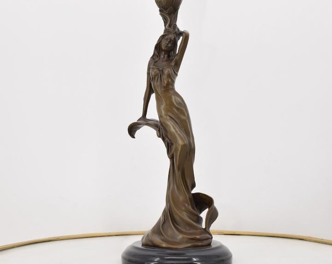 Candlestick Act Woman in Dress - Bronze Sculpture Statue on Marble Base - Home Decor - Candleholder Bronze - Desk Decor