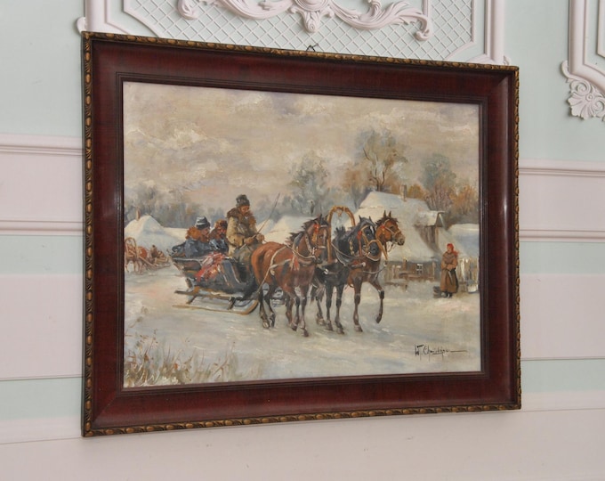 Very Large Winter Landscape – Hunting Trip Scene – Horse and Sleigh Art – Old Oil Painting on Canvas – Framed Wall Decor