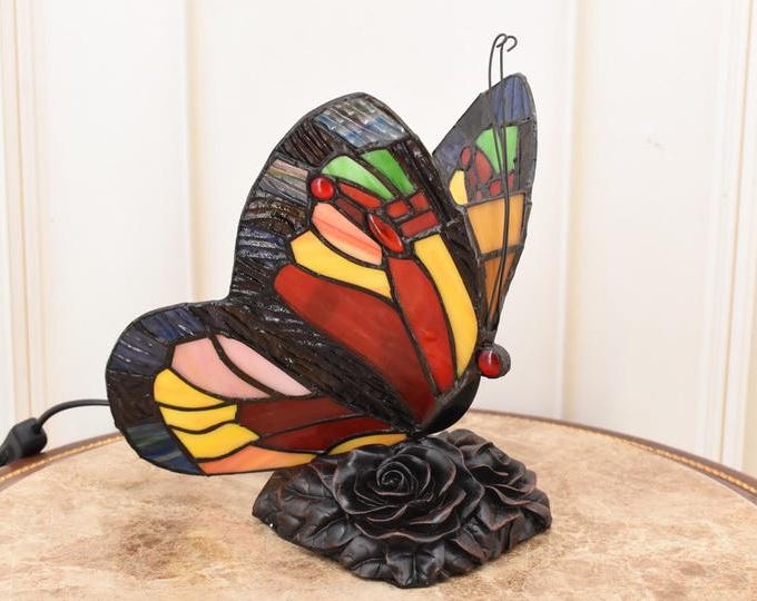 Tiffany Style Butterfly Lamp - Stained Glass Table Lamp - Colorful Art Deco Light - Handmade Home Decor Gift - Vintage Butterfly Lamp