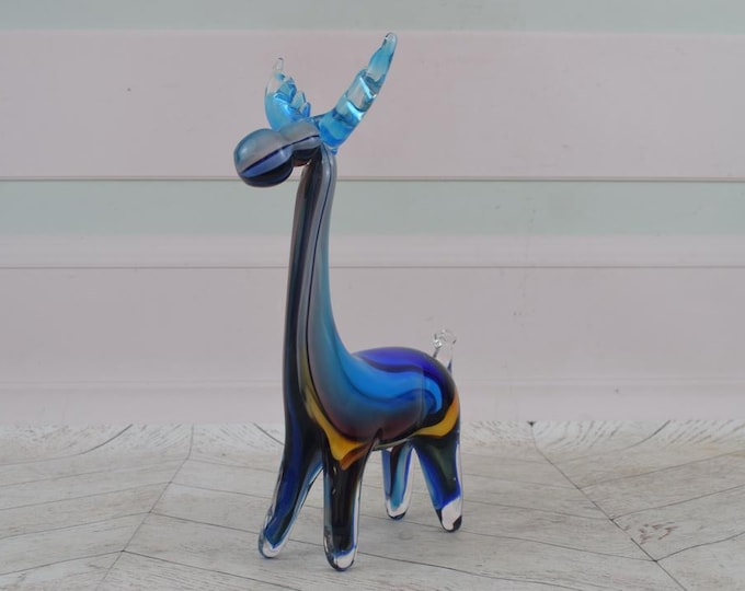Handcrafted Murano Style - Glass Blue Moose Statue - Vintage Venetian Glass Figurine - Home Decor - Gift Idea for Birthday