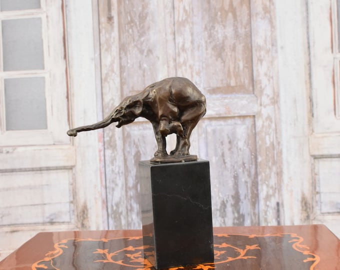 Happy Elephant with Raised Trumpet - Elephant for Good Luck Bronze Sculpture on Marble Base - Home Decor - Vintage Bronze