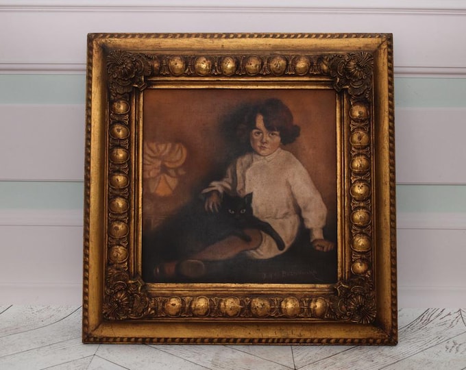 Antique Painting Girl with Cat - Painting on Canvas with Old Gold Frame - Gift Art Deco Painting Polish Artist - Wall Decor - Home Decor