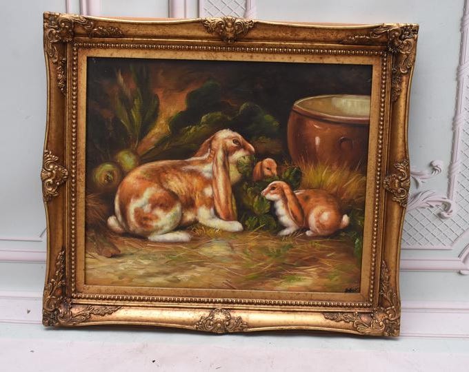 Family Rabbits Painting – Old Oil on Canvas with Golden Frame – French Art – Vintage Wall Decor – Unique Artwork – Gift Idea