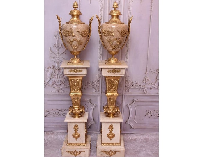 Large Beige Marble Amphorae – Bronze Ornament Palace Decor, Set of 2