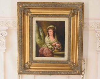 French Art Girl with Flowers Portrait – Oil on Wood, Gold Frame
