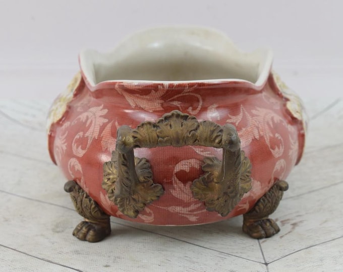 Red Porcelain Fruit Plate - Plateau with Bronze Ornaments - Art Nouveau Gift - Flowers Design - Luxury Bowl - Regency Decor - Home Decor
