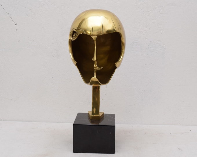 Gilded Bronze Mask Sculpture – Signed Limited Edition on Marble Base – Artistic Vintage Decor