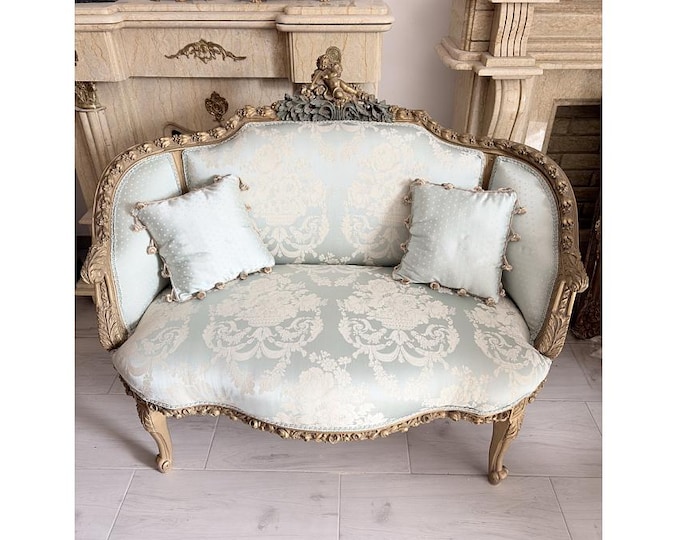 Vintage French Style Sofa - Pale Blue Damask Upholstery - Ornate Carved Frame - Cherub Crest - Elegant Salon Settee