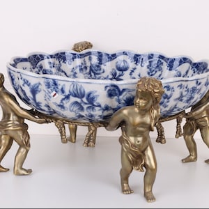 Duża niesamowita porcelanowa miska - brązowe ozdoby anioły - niebieska plateau porcelana vintage - luksusowa miska - anioły i kwiaty - wystrój domu