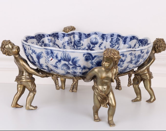 Large Amazing Porcelain Bowl - Bronze Ornaments Angels - Blue Plateau Porcelain Vintage - Luxury Bowl - Angels and Flowers - Home Decor