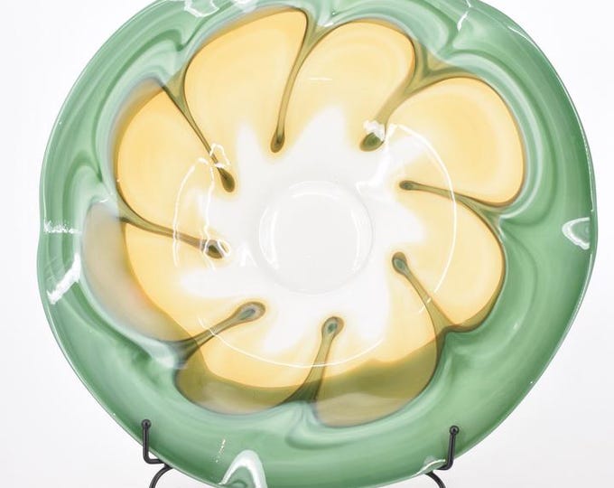 Murano Style Glass Plate on Stand – Vintage Cake Stand – Decorative Glass Art Dish – Centerpiece Table Decor – Unique Gift Idea