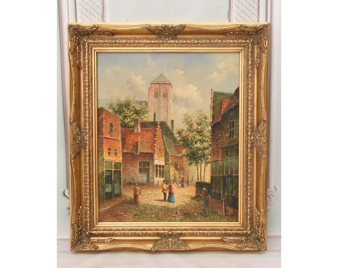 Large Venice Oil Painting on Canvas – Vintage Italian Artwork with Ornate Golden Frame – Wall Art Home Decor from Italy