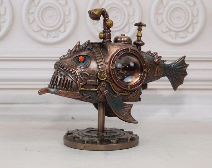 Steampunk Submarine Statue - Fish Lamp - Piranha Figurine - Fish Sculpture - Art Work Statue - Home Decor - Gift Idea