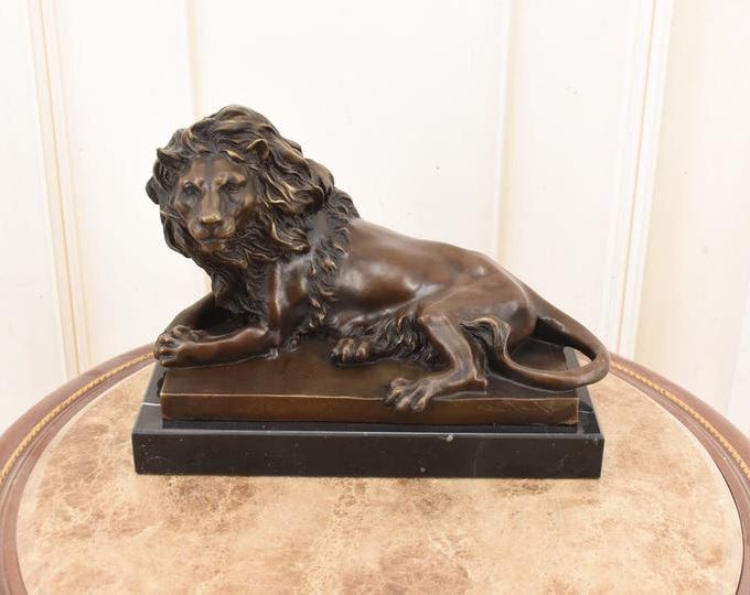 Majestic Reclining Lion Bronze Statue – Limited Edition – Barye Style Animal Sculpture – Signed Bronze Figurine
