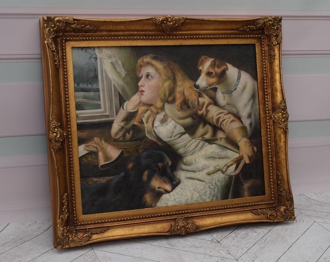 Vintage Painting Girl with Dogs - Painting on Canvas with Gold Frame - Wall Art Decor - Home and Office Decor - Gift for Birthday