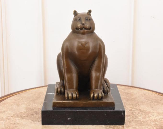Bronze Fat Cat Sculpture – Fernando Botero Style Figurine with Marble Base – French Art Statue