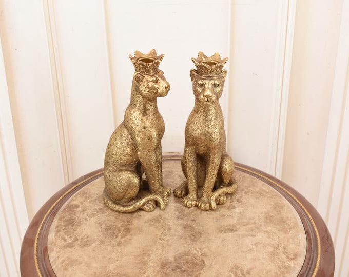 Pair of Golden Panther Candleholders - Sitting Leopard Figurines - Vintage Style Candlesticks - Unique Animal Decor