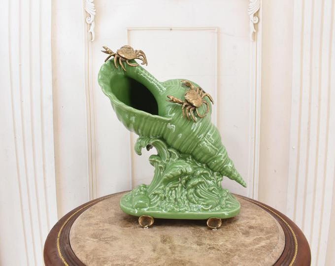 Vintage Green Porcelain Shell Vase – Bronze Crab Ornaments, Coastal Decor