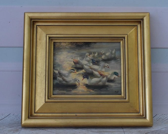 Painting Family Ducks - Nice Frame - Ducks Painting Art - Old Oil on Wood - French Art - Wall Decor - Home and Office Decor - Gift Idea