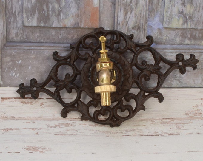 Brown Rustical Cast Iron Wall Fountain with Brass Faucet Tap,  Fountain Metal Wall Sink, Patio &  Wall Ornament Outdoor
