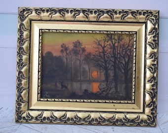 Antique Nocturne Oil Painting on Wood - Golden Frame, Polish Art