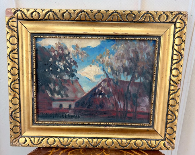 Antique Rural Landscape Oil Painting – Oil on Wood – Gilt Frame – Old Village Scene