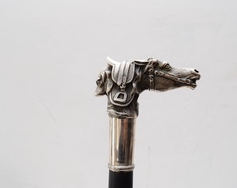 Horse and Dog - Tsarist Silver  Walking Stick  Hand Made Solid Wood Rare Russia 84
