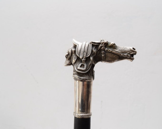 Horse and Dog - Tsarist Silver  Walking Stick  Hand Made Solid Wood Rare Russia 84