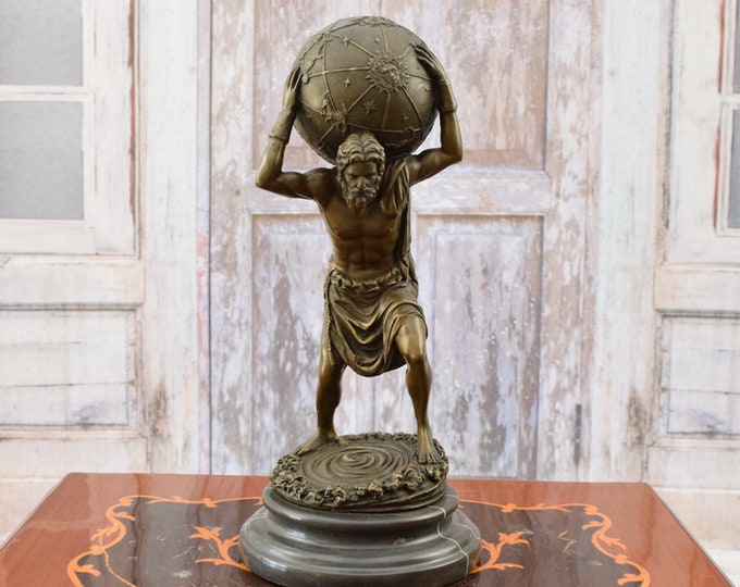 Atlas Carrying the Globe - Mythological Ancient Pharinesis Atlas Figurine Bronze Sculpture - Figure Gift Idea -