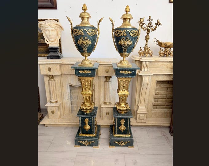 Large Green Marble Amphorae – Bronze Ornament Palace Decor, Set of 2