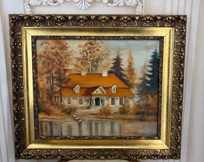 Antique Polish Manor House Landscape Oil Painting – B. Rychter-Janowska Style (Oil on Canvas)