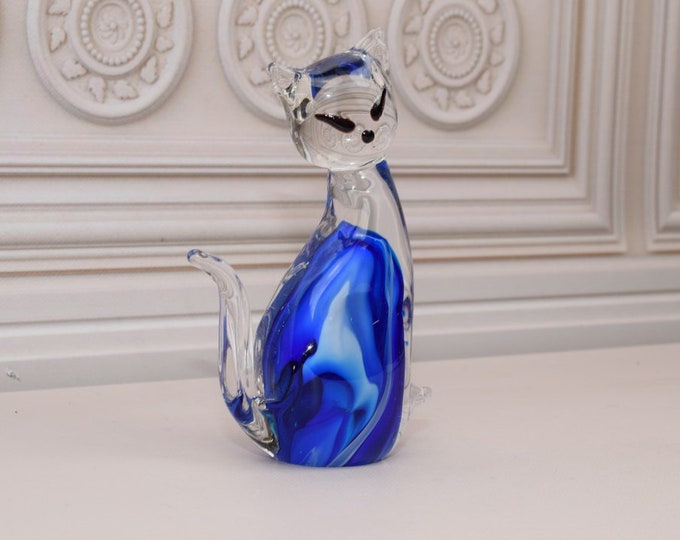 Blue Cat Murano Style - Amazing Cat Glass - Sculpture Murano from Italian - Richly Decorated - Home Decor - Good Gift Idea