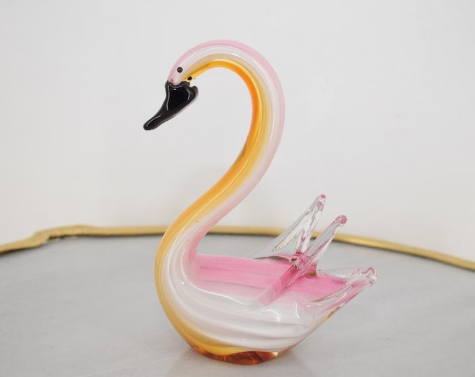 Large Amazing Orange And Pink Swan Murano Statue – Venetian Style Sculpture – Unique Italian Art Glass Figurine – Elegant Home Decor
