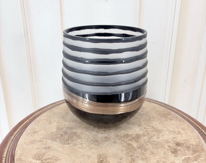 Vintage Black and Grey Striped Art Glass Vase - Heavy Decorative Glass - Modernist Style