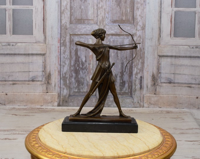Diana Mythological Goddess with Bow - Hunter Bronze Sculpture on Marble Base - Great Gift - Home Decor - Foundry Mark - Hunting Gift