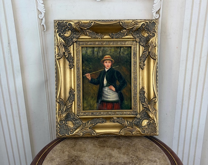 Vintage Woman Portrait Painting - Rustic Female Figure in Countryside - Ornate Gold Frame - Classic Wall Art