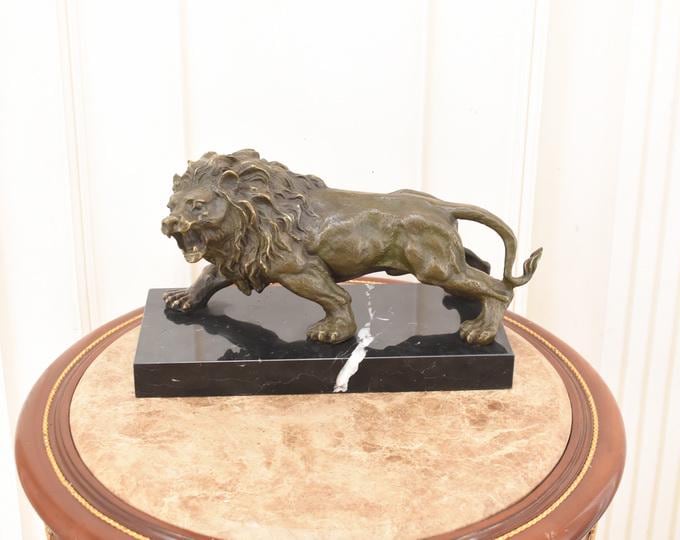 Majestic Reclining Lion Bronze Statue – Limited Edition – Barye Style Animal Sculpture – Signed Bronze Figurine