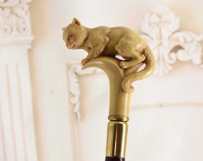 Unique Bronze Walking Stick - Bronze Cat - Wooden and Gilded Bronze Cane - Cat Cane - Vintage Elegant Gift Idea