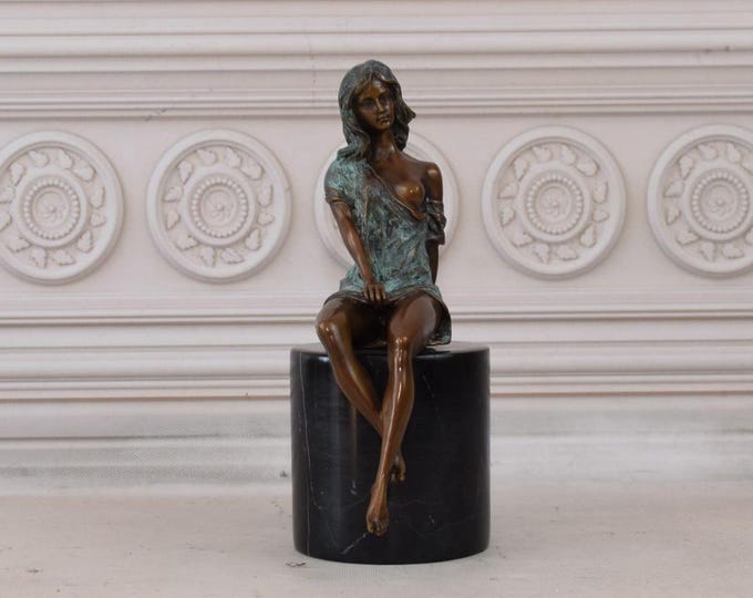 Bronze Sculpture Woman Sitting on the Pedestal - Female Figure on Marble Base - Woman in Dress - Act Woman - Home Decor - Gift Idea