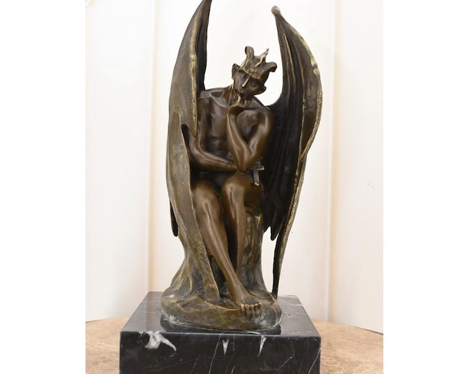 Vintage Winged Devil Bronze Sculpture - Pensive Lucifer Statue on Marble Base