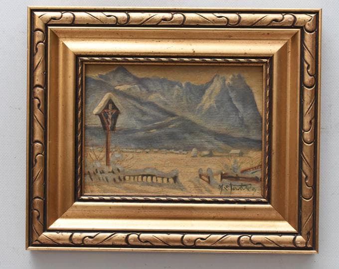 Antique Painting Polish Mountains – Oil on Wood – Winter Landscape Art Tatry - Zakopane - Chapel Motif - Vintage Wall Decor