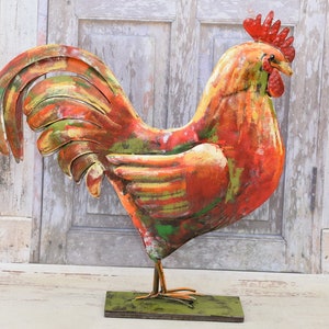Iron Rooster Colorful Figurine - Figure Sculpture Rosster - Garden Statue Gift Idea - Art Work Rooster - Home and Garden Decor