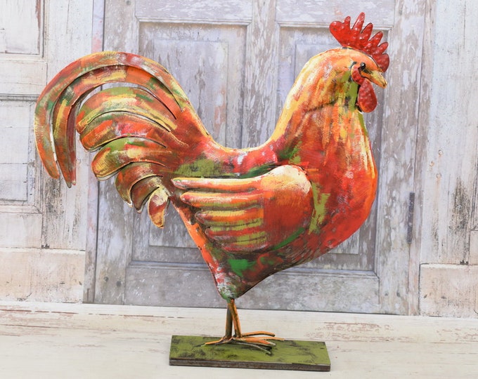 Iron Rooster Colorful Figurine - Figure Sculpture Rosster - Garden Statue Gift Idea - Art Work Rooster - Home and Garden Decor