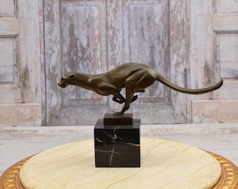 Running Cougar Bronze Sculpture - Cougar Figurine on Marble Base - Elegant Animal Statue - Home and Garden Decor -  Vintage Statue