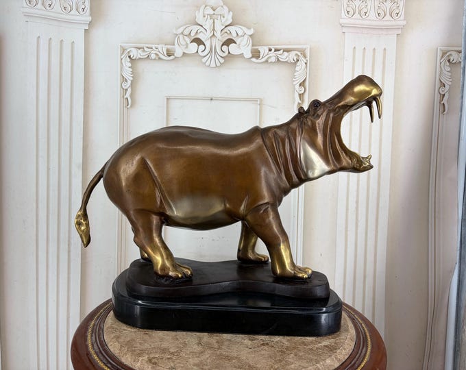 Large Gilded Bronze Hippopotamus Statue – Fierce Open Mouth Vintage Sculpture