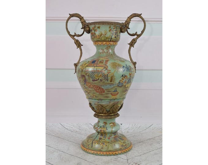 Vintage Green Porcelain Flower Vase - Amphora with Bronze Ornaments - Painted Porcelain - Collectible Art - Home Decor - Gift for Wedding