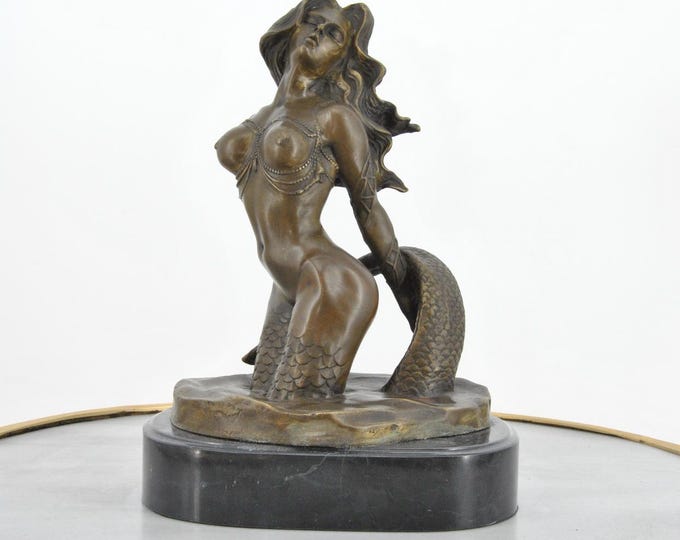 Kneeling Mermaid Bronze Sculpture On Marble Base – Vintage Nautical Art, Mythical Sea Figure, Elegant Home Decor, Ocean Gift Idea